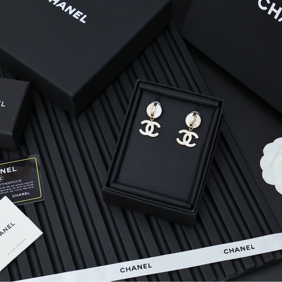 CHANEL Gold CC Logo Drop Earrings with White Accents